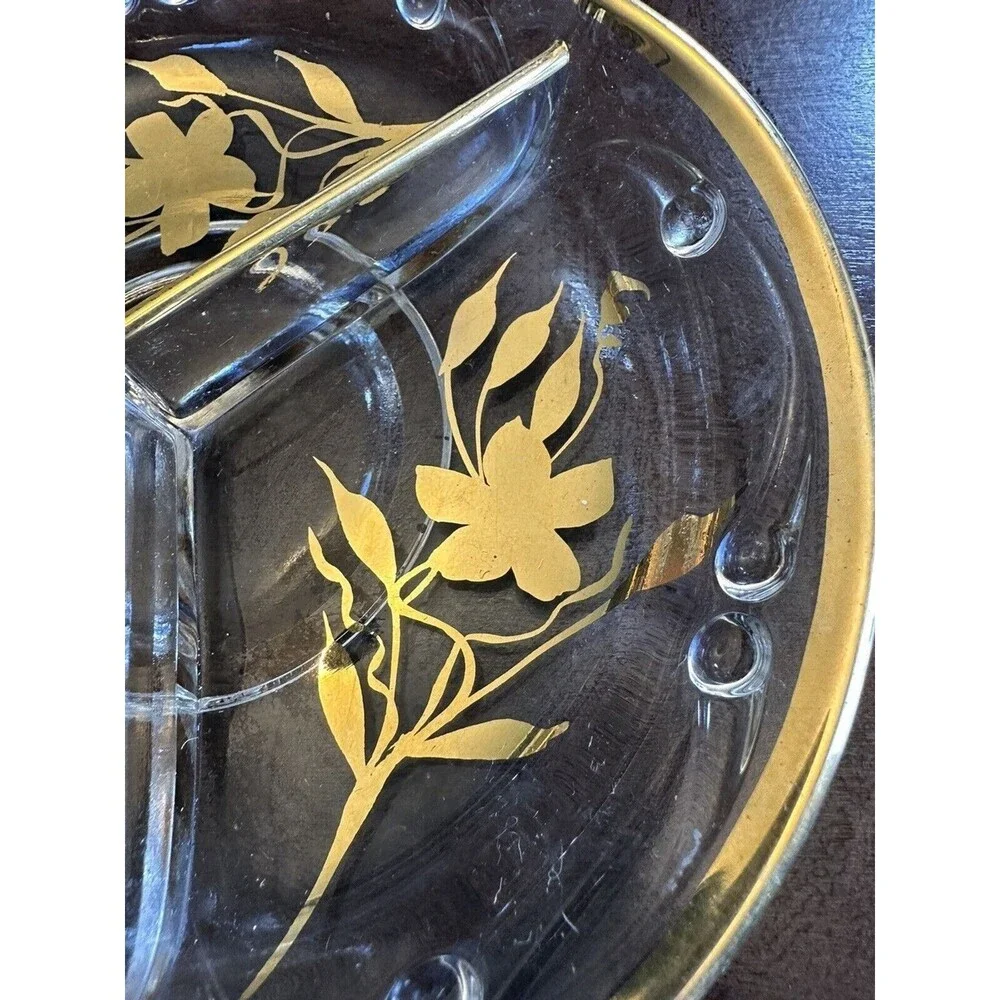 Vintage three sectioned gold trimmed candy dish, 8 inch diameter, MCM, holiday